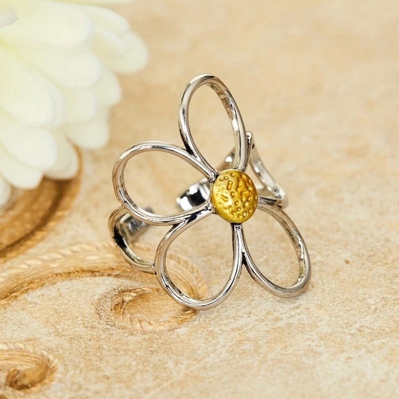 Silver Tone Flower Adjustable Boho Ring - Picture 3 of 6
